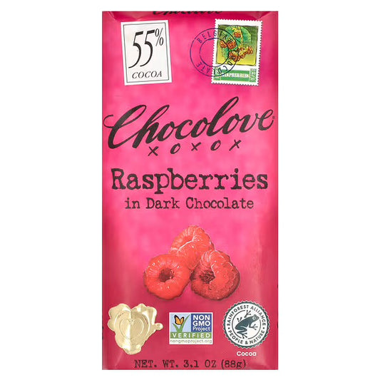 Chocolove, Raspberries in Dark Chocolate, 55% Cocoa, 3.1 oz (88 g)